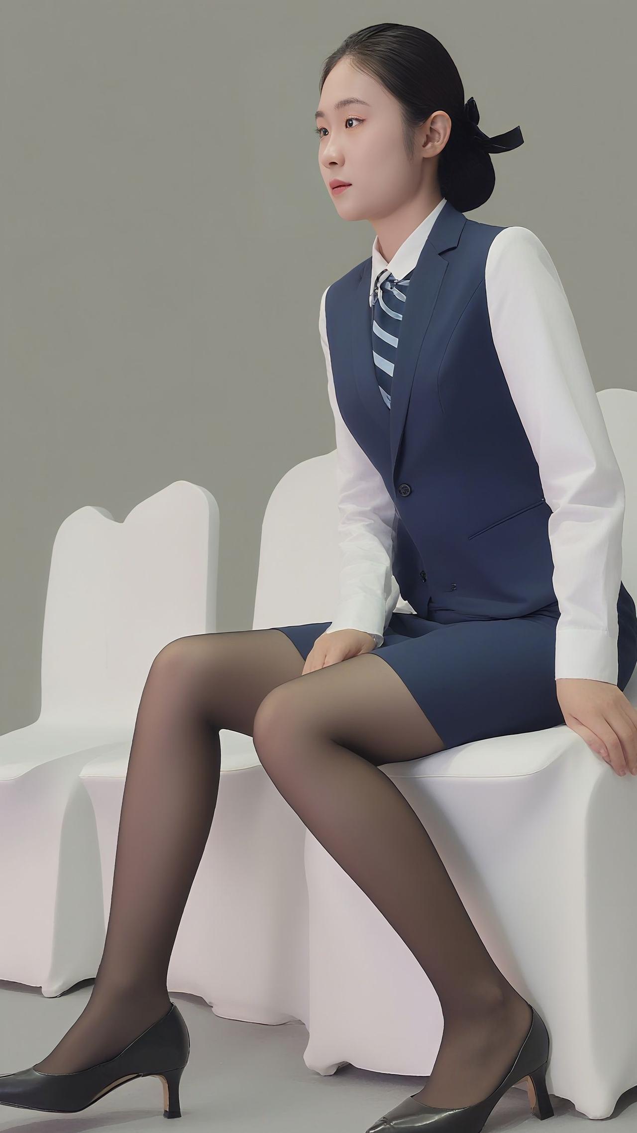 优雅职场风，蓝白条纹衬衫搭配深蓝色背心裙，黑色丝袜和尖头高跟鞋，尽显女性魅力。