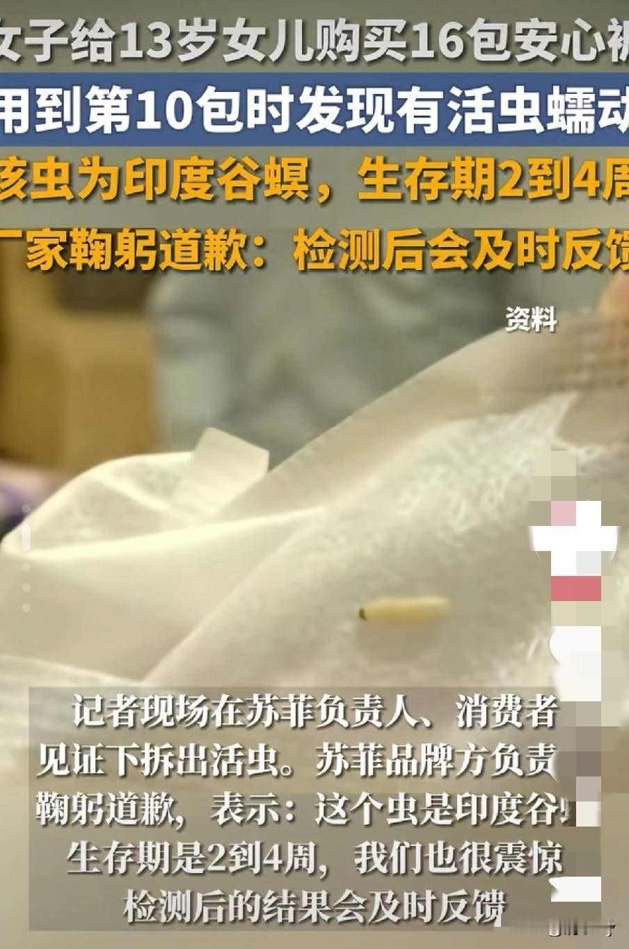 卫生巾里竟然有活虫爬动！

郑州的霍女士一直给在孩子用的是苏菲品牌的安睡裤，霍女