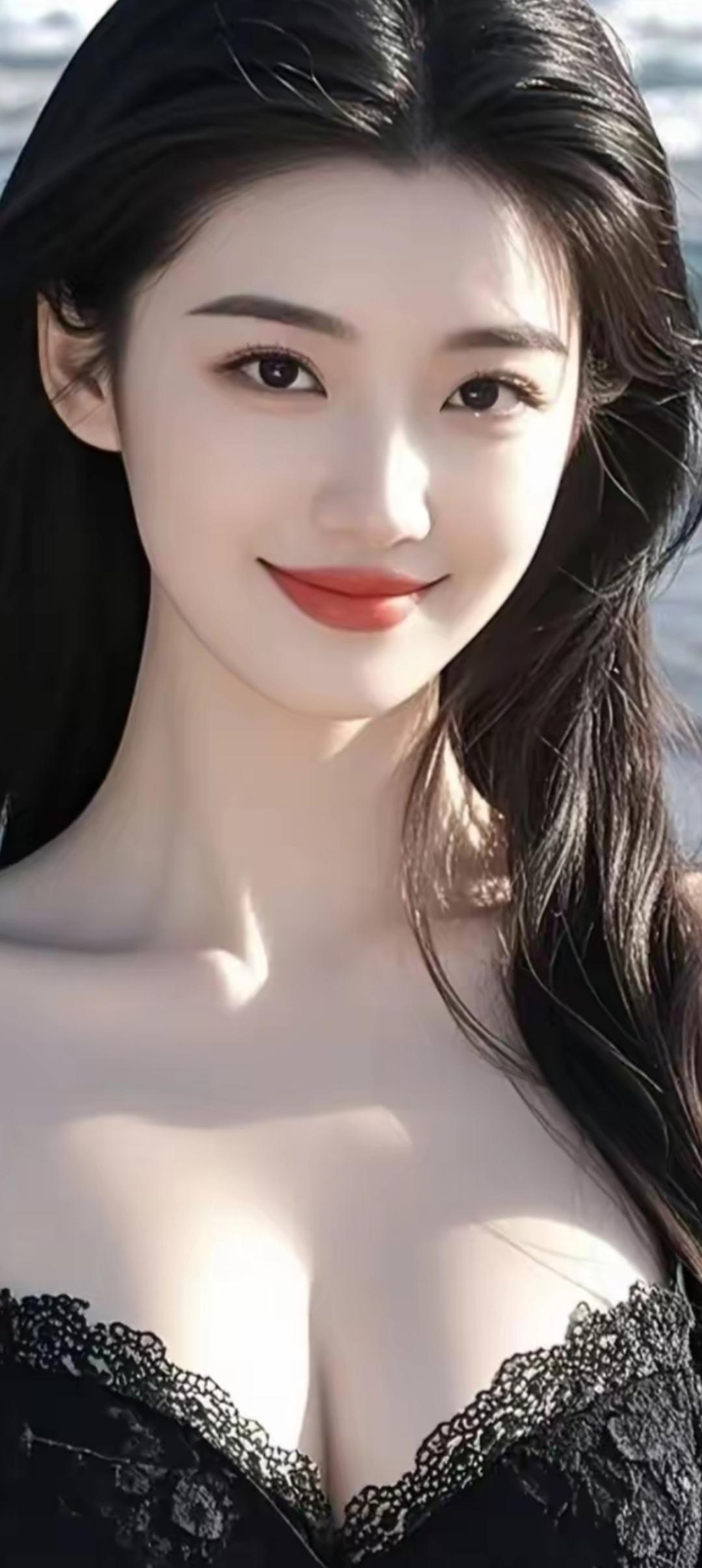 温柔的海风轻拂，黑发飘飘，甜美笑容，海边度假的完美瞬间。🌊💖👗