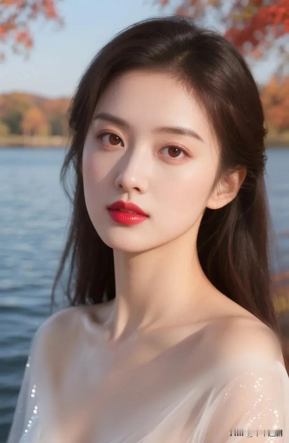 枫红坠在肩头，水光映着红唇。薄纱裹着细碎星光，在秋阳里，凝住一帧温柔的静美。
 