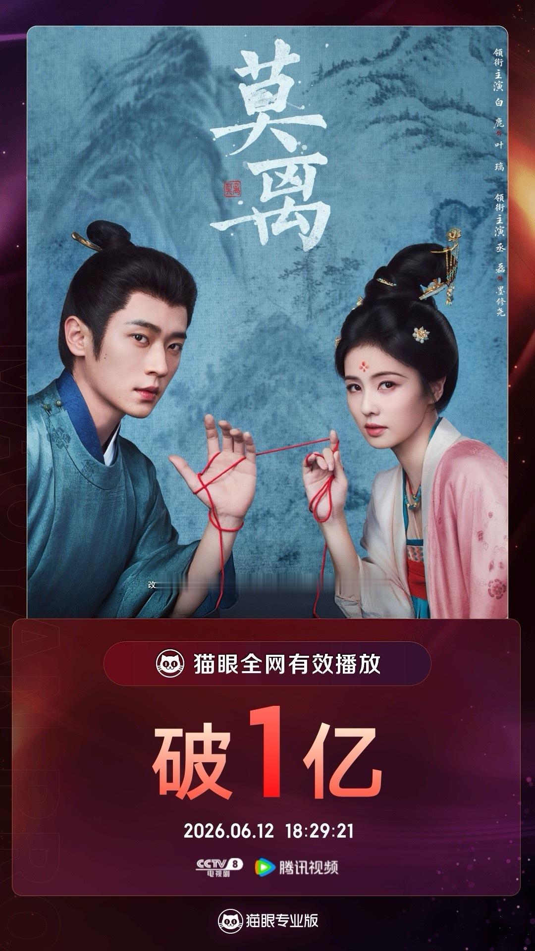 莫离莫离有效播放量破亿    据猫眼专业版数据，  领衔主演电视剧《莫离》热播中