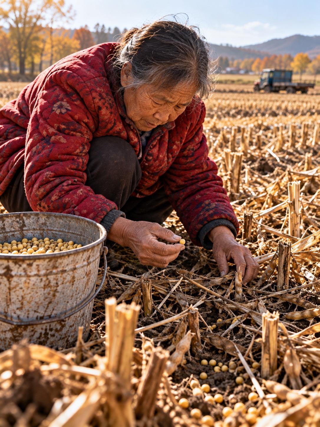 长葛溜黄豆…
那片黄豆地刚收完，秸秆还戳在土里，收割机履带压出的两道深沟里混着碎