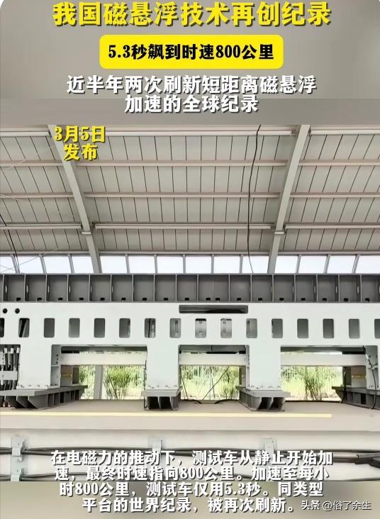 我国磁悬浮技术再获重大突破，测试中实现5.3秒加速至800公里/小时，再次刷新全