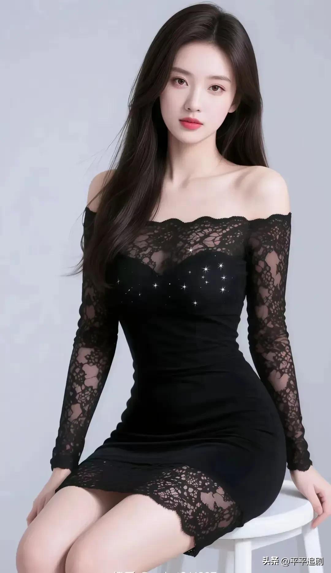 黑丝蕾丝勾勒出曲线，星光点缀在衣间，一字肩的设计藏着恰到好处的性感。无需刻意张扬