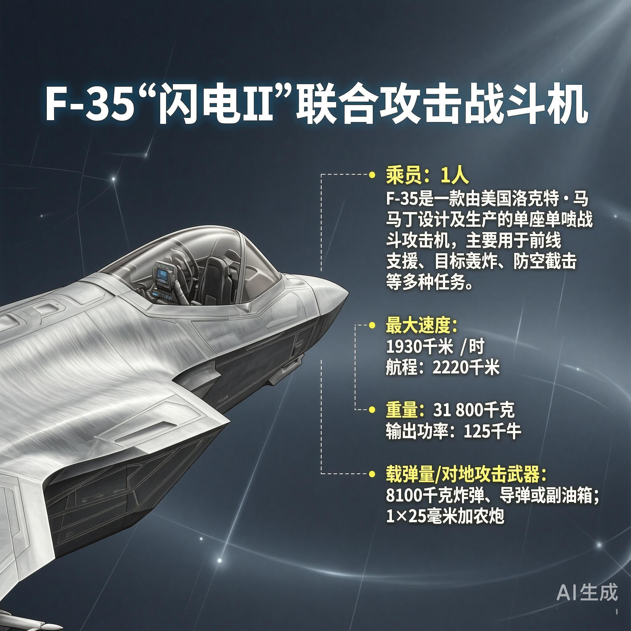 军事ai新视野 F-35隐形战斗轰炸机［美］最大速度：1930千米／时重量：31