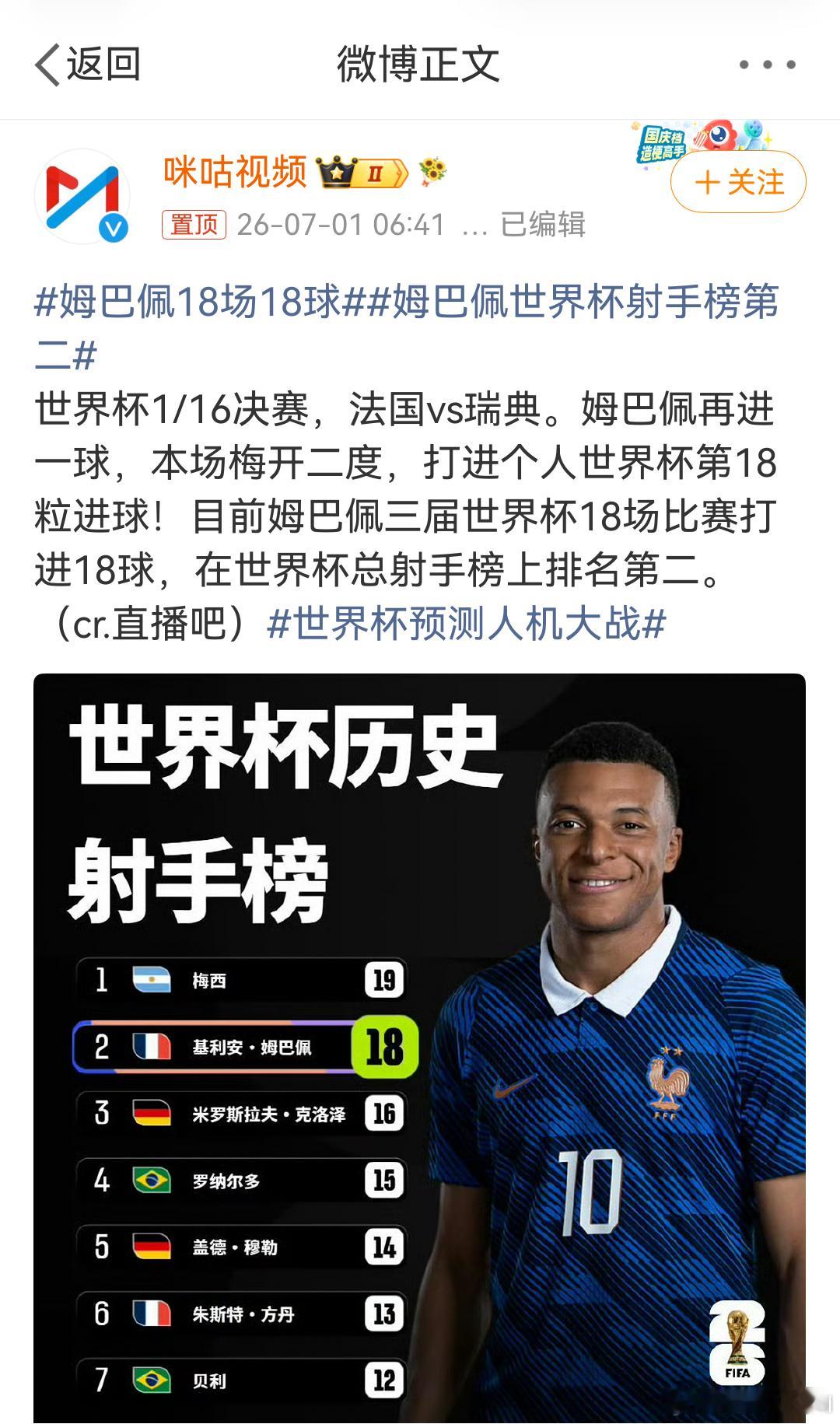 姆巴佩世界杯射手榜第二 该说不说，世界杯皮肤的姆总监，是真滴牛逼，没得黑。 法国