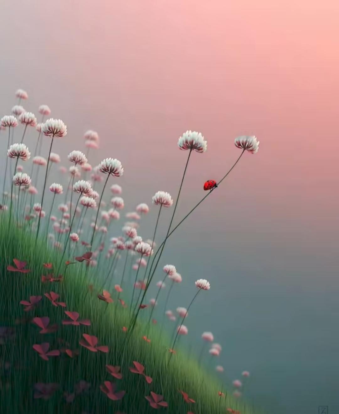 虫意
      ·
天是淡彩纱
花摇细影斜
瓢虫栖一朵
静守漫韶华