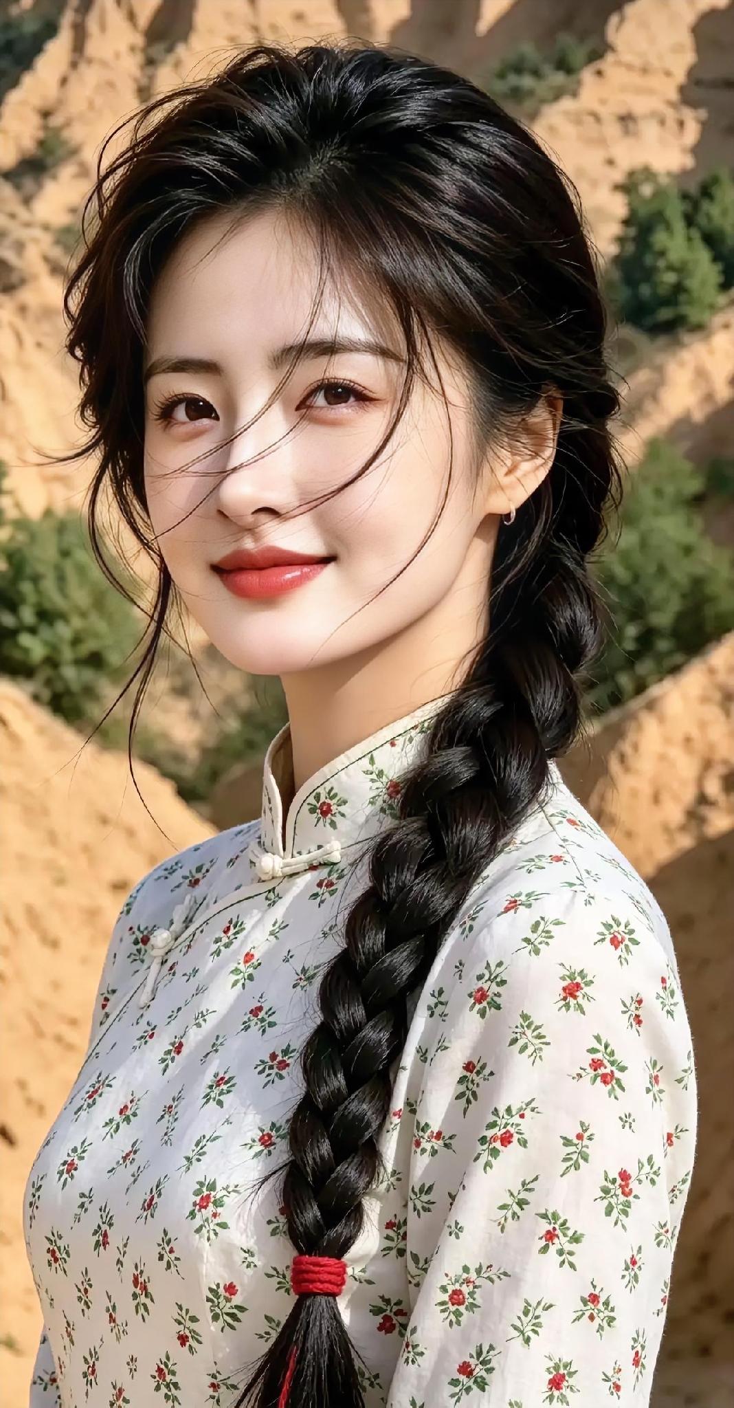 风沙也吹不散的明媚，藏在她回眸的笑里。

麻花辫垂落红绳，碎花衫轻倚黄土，

几