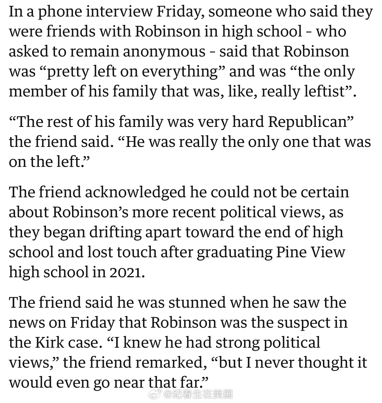 <卫报>采访了枪手Tyler Robinson的高中同学和朋友，说Robinso