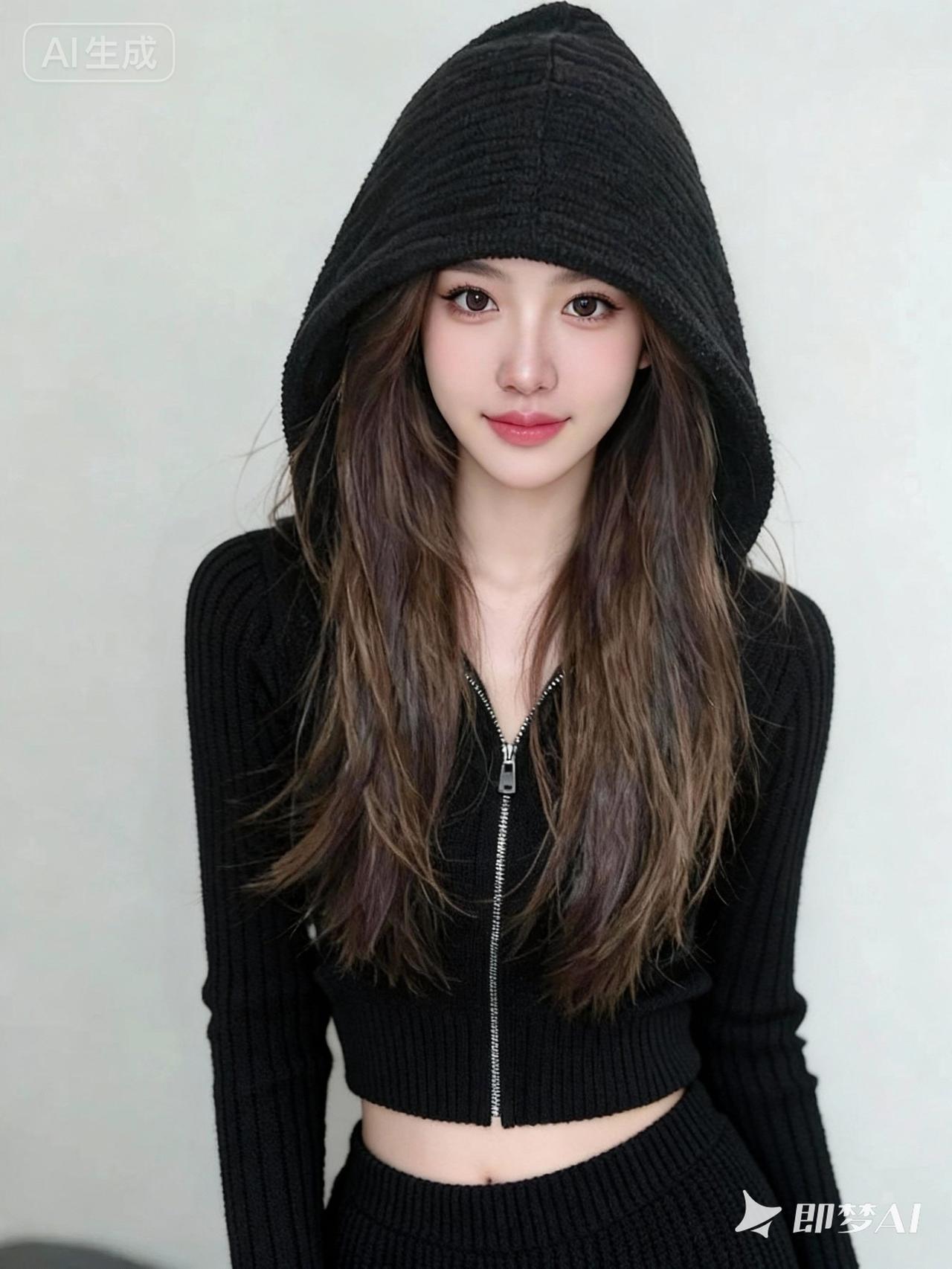 一位东亚风格的年轻女性，拥有精致的五官，大眼睛、纤长睫毛、粉嫩唇妆，棕色长发自然