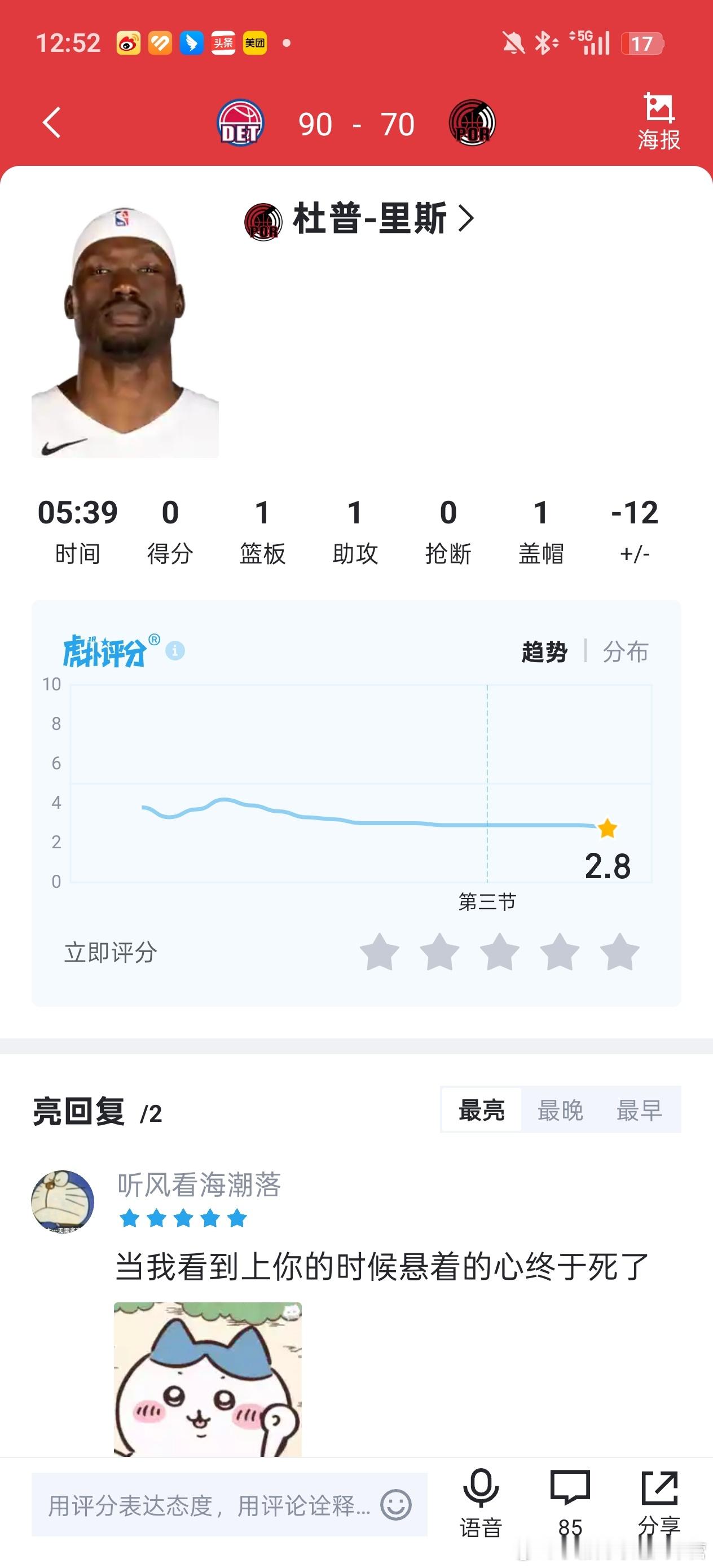 第三节比赛还没结束，我拓就落后二十几分了，按这个比赛走势，小杨可能第四节会获得较