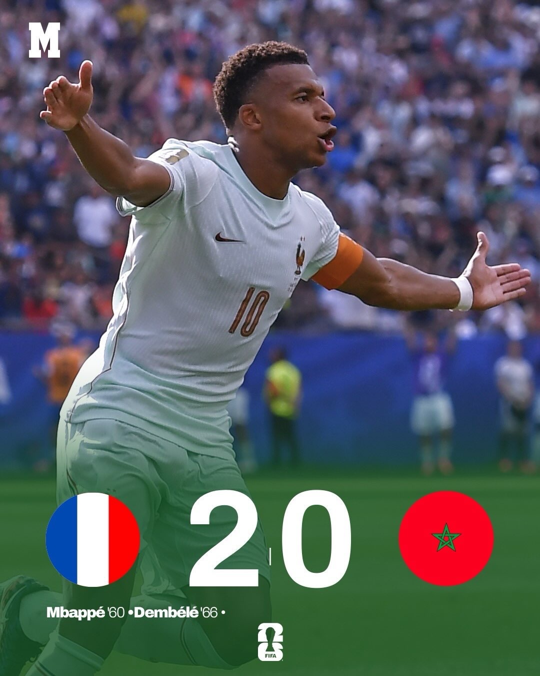 法国2比0摩洛哥 美加墨世界杯，法国🇫🇷凭借前场双枪姆巴佩和登贝莱各自进球，