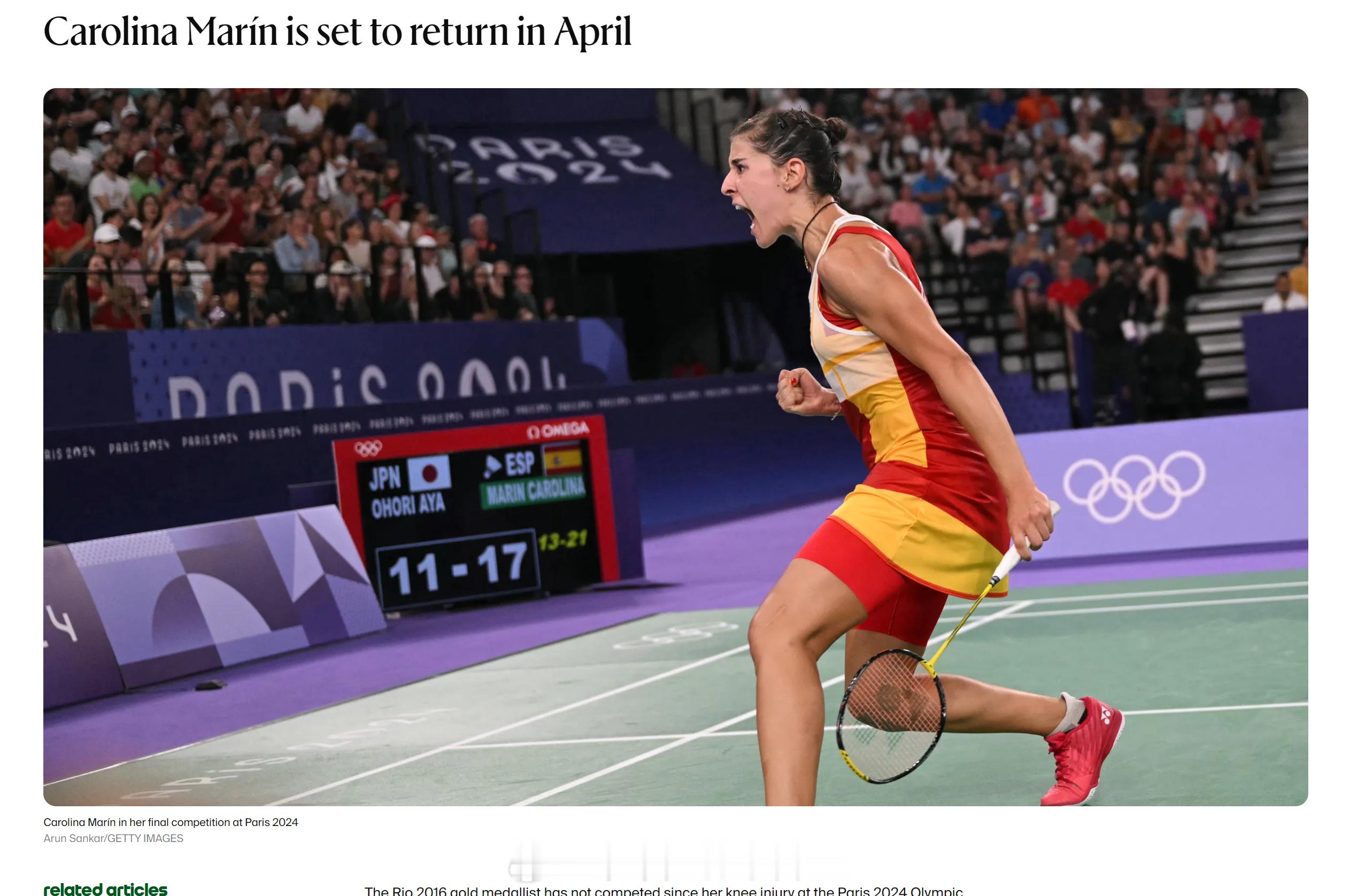 马林预计将在4月复出。这位2016年里约奥运会金牌得主自2024年巴黎奥运会膝伤