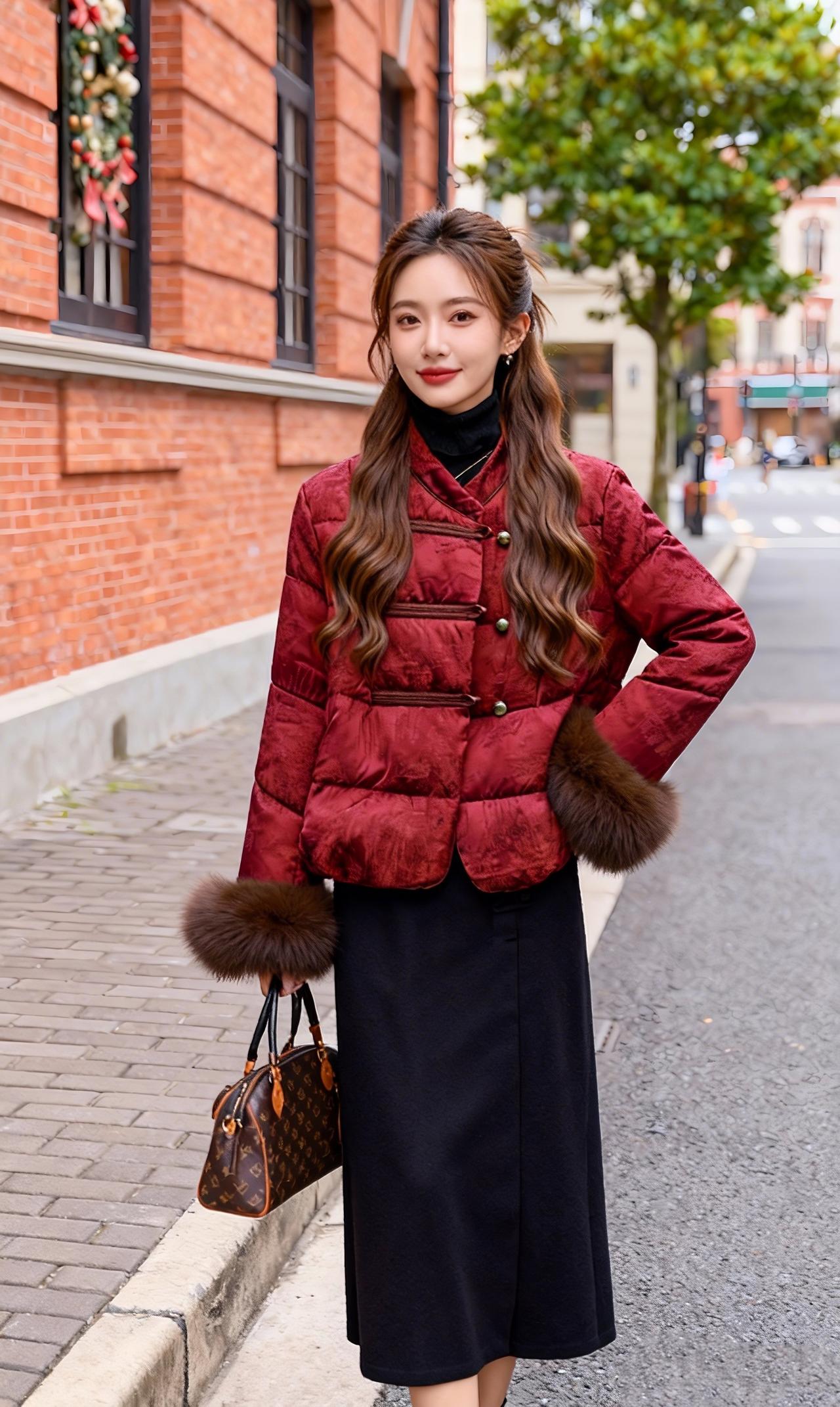 《红袄街影》
 
红砖巷陌树摇青，
红袄裁云缀暖翎。
黛裙曳步风轻软，
一笑江南