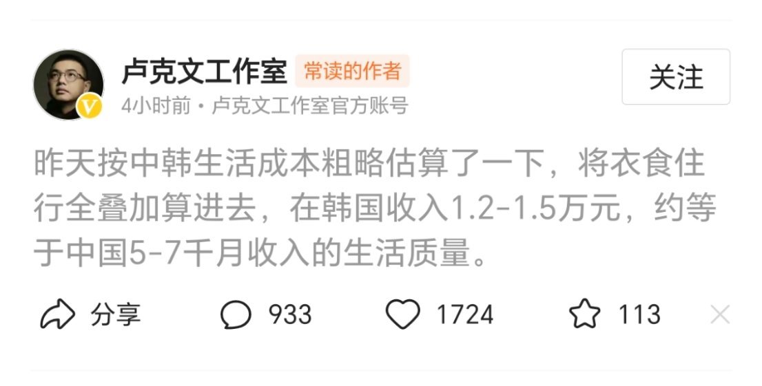 大V卢克文前不久去了韩国，经过实地考察，他经过估算，将衣食住行全叠加算进去，他说