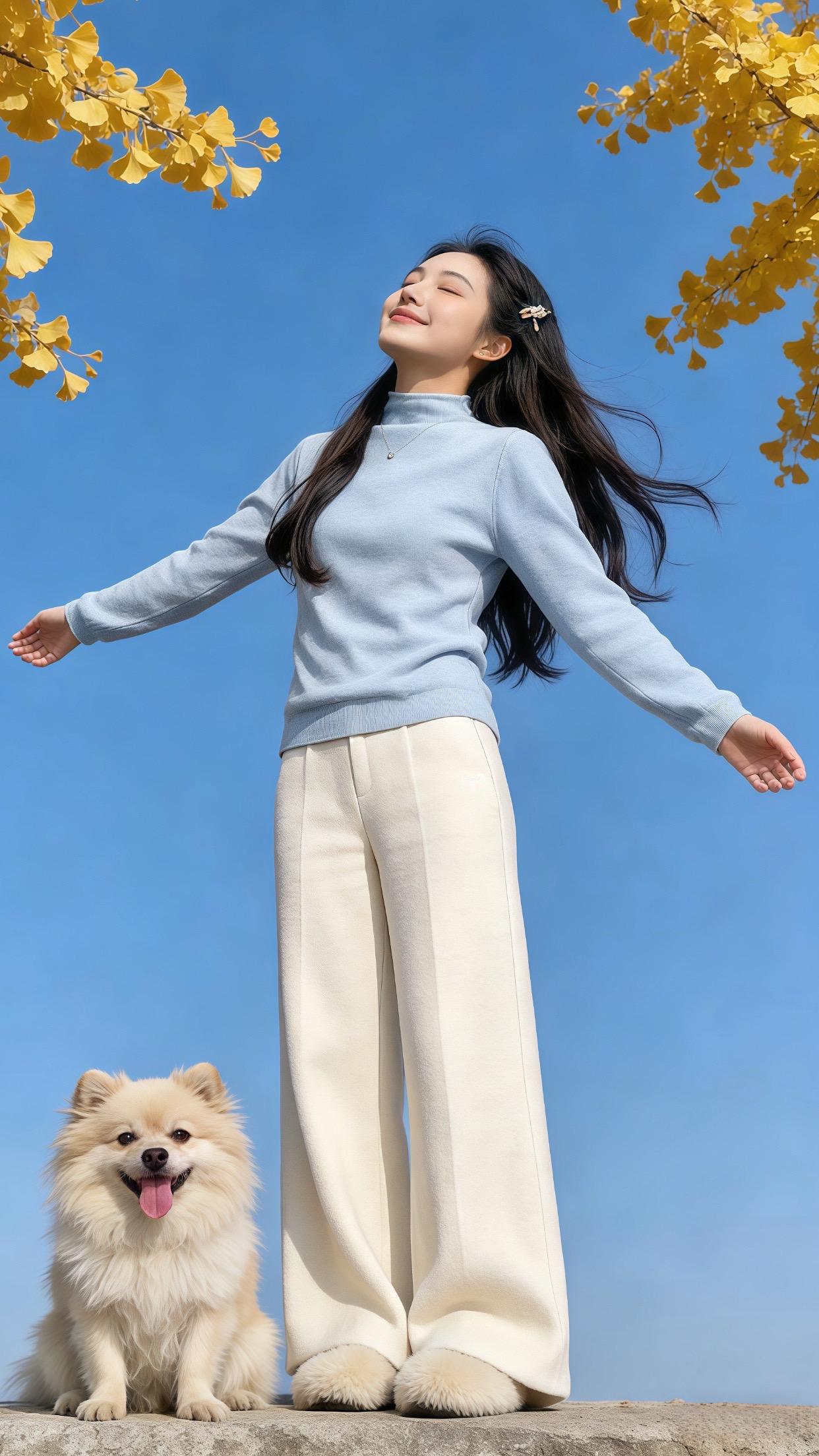 浅蓝高领打底衫搭配奶白色阔腿裤，清清爽爽的感觉像是把蓝天穿在身上，温柔...