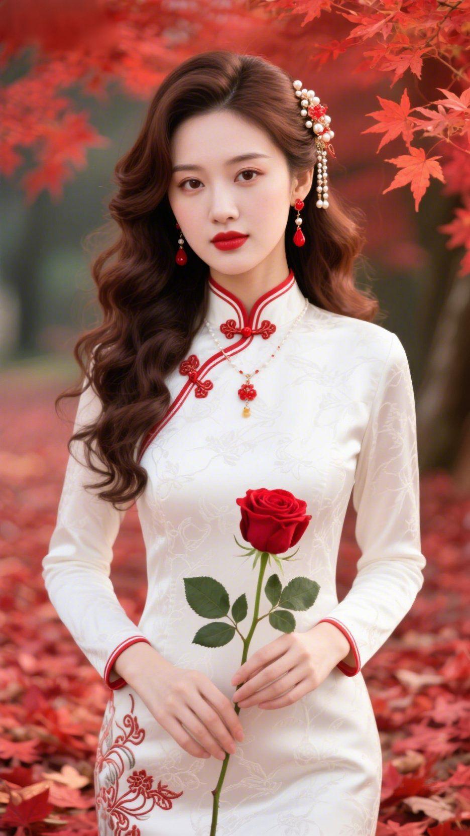 《素裙栖于枫红中》
 
枫色漫覆天地时，她立在落英里，似将秋的温雅织入衣间。素白