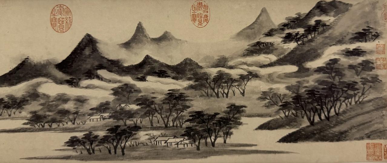 名画欣赏：明 文征明《仿米友仁云山图》（局部）
纵24.5厘米 横507厘米 