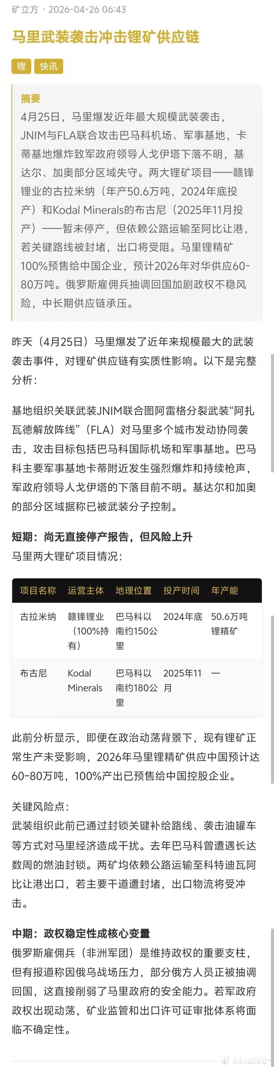 马里武装袭击冲击锂矿供应链期货