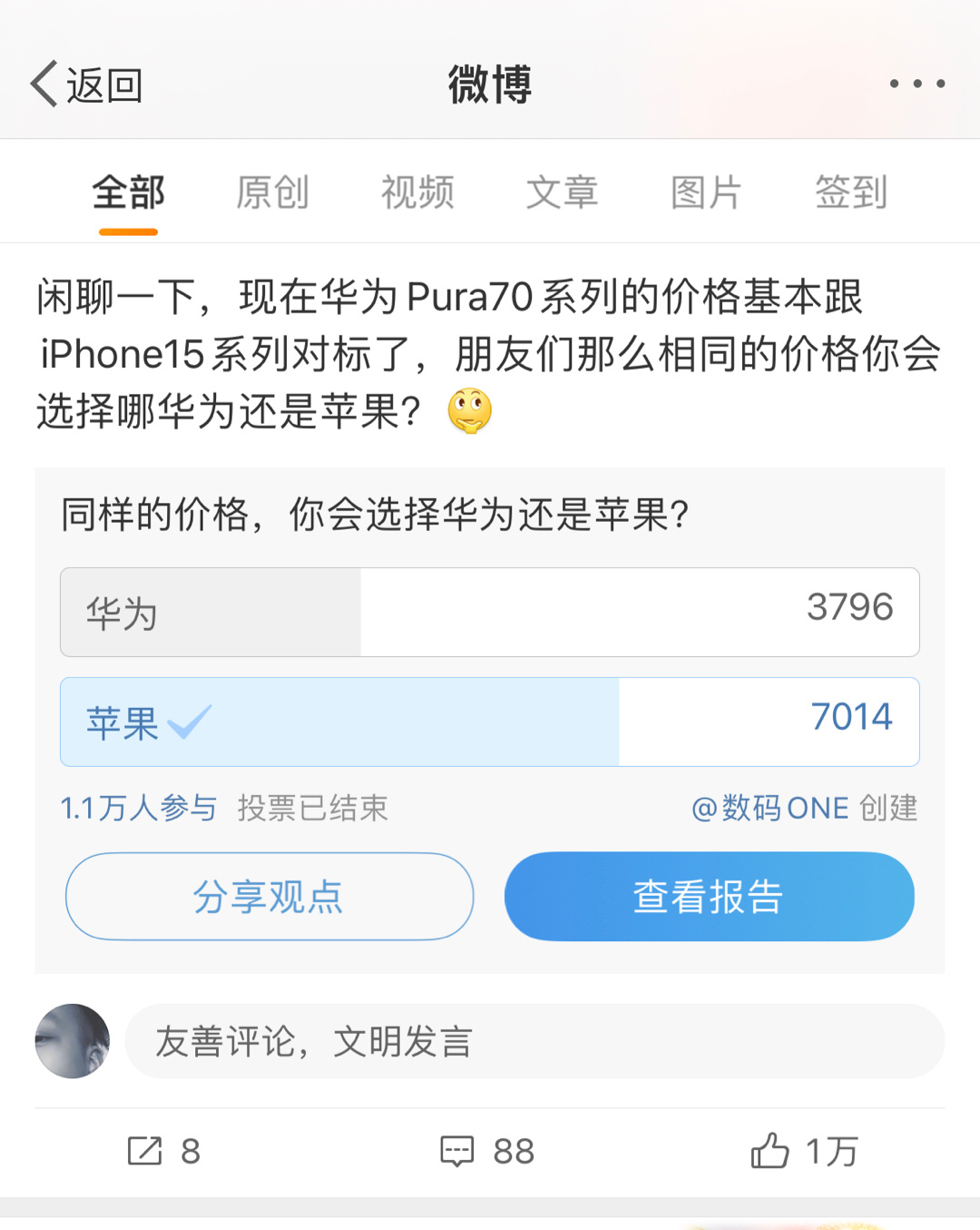 你们怎么回事，怎么选苹果的比华为还多看来同样价格的华为和苹果，还是挺多人更愿意选