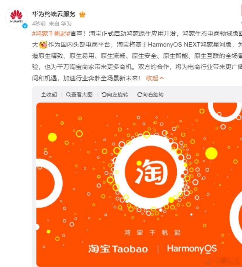 今日淘宝与华为举办鸿蒙合作签约仪式，宣布将基于 HarmonyOS NEXT 启