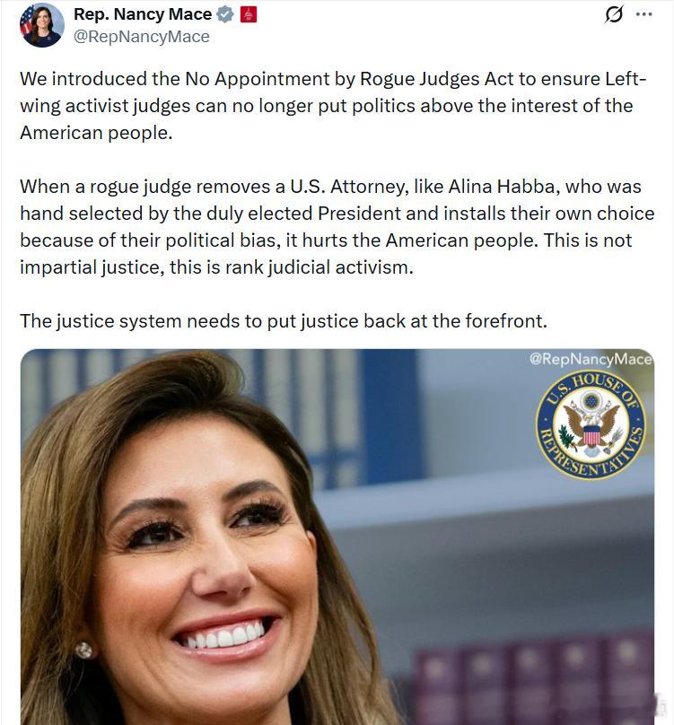 国会议员南希·梅斯：我们提出了《防止流氓法官任命法案》，旨在确保左派激进法官不再