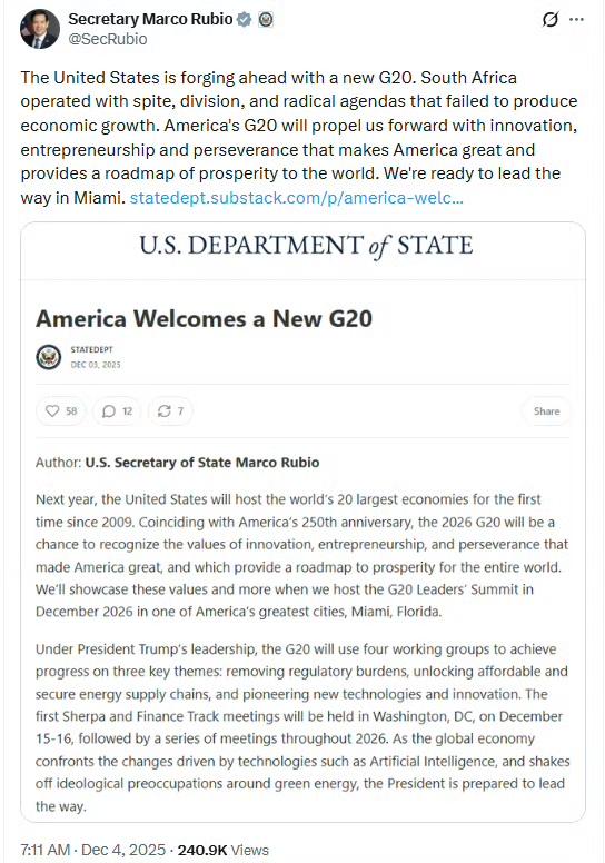 美国办G20，先把南非的名字从名单上划掉了。

美国国务卿鲁比奥最近正式宣布，不