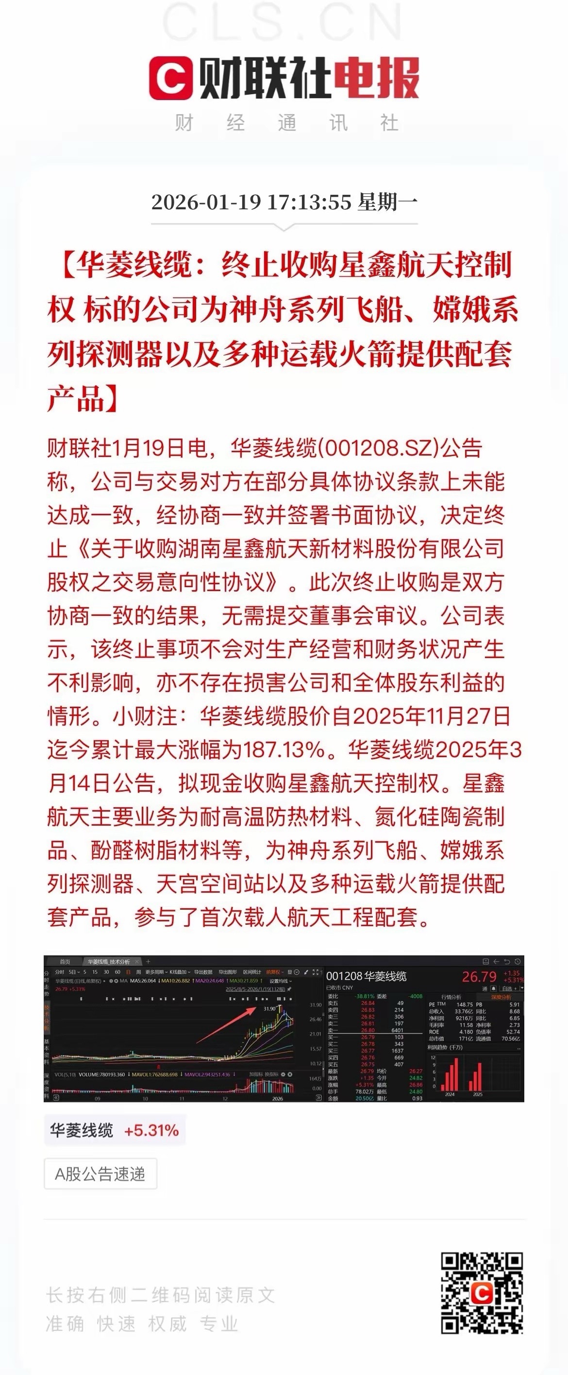 有些突然，又一牛股终止收购！今天盘后，商业航天牛股华菱线缆突然发布公告称公司拟终
