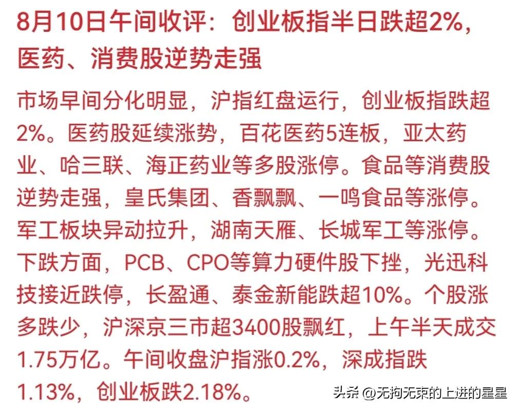 💥 刚刚！A股午评极致分化：创业板重挫超2%，但3400股却飘红了！医药5连板