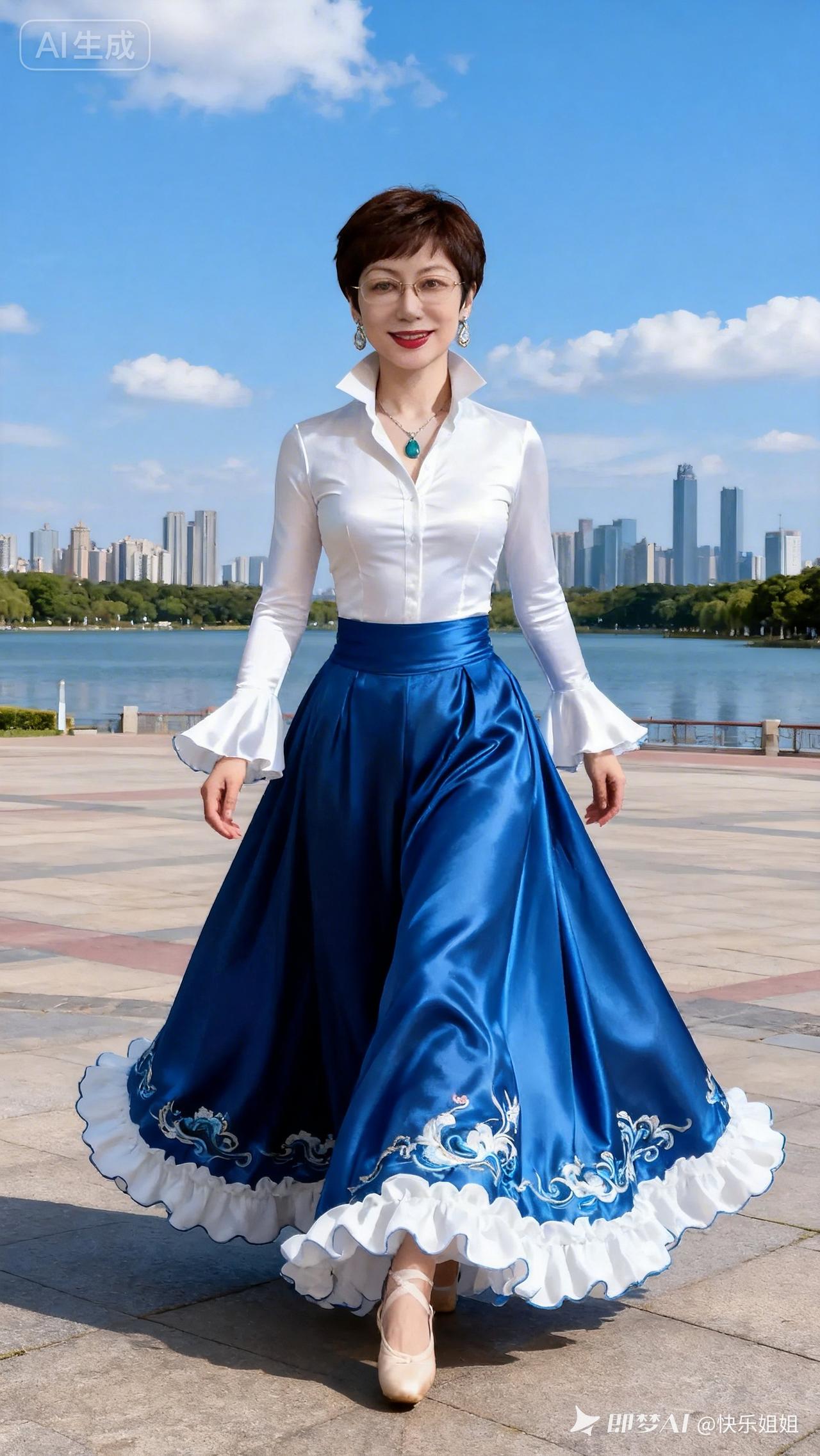 优雅蓝裙舞动夏日，城市背景下的美丽瞬间🌞💃