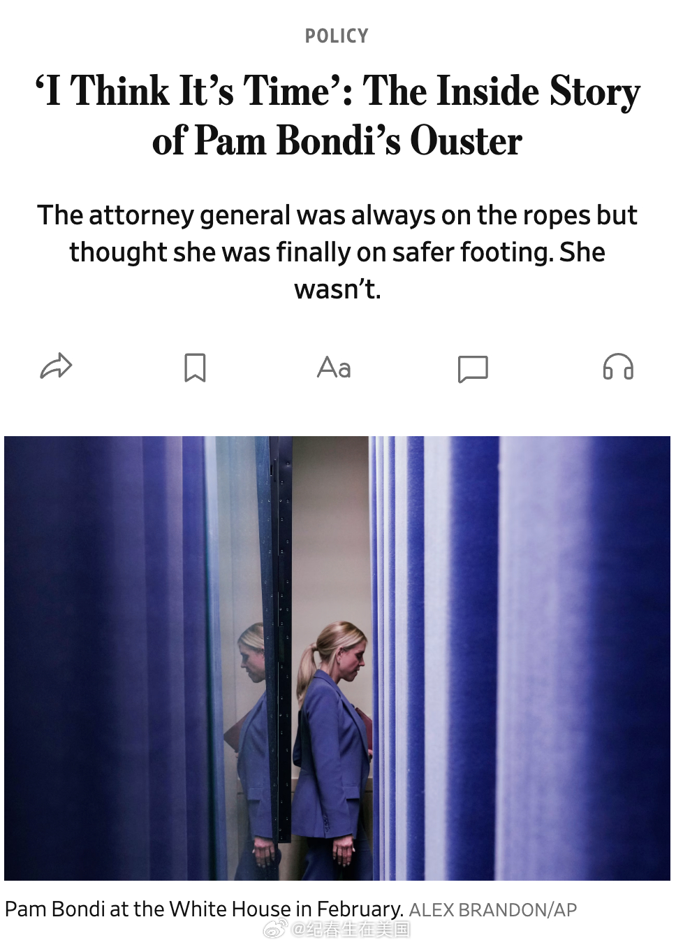 WSJ：昨天上午，司法部长Bondi还陪着川普从白宫乘车前往最高法院参加关于出生