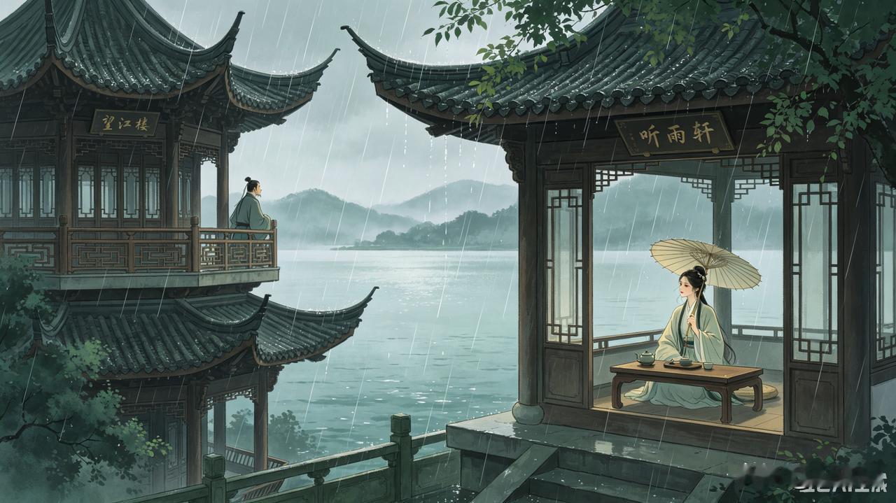 上联：望江楼上望江流
下联：听雨轩中听雨落