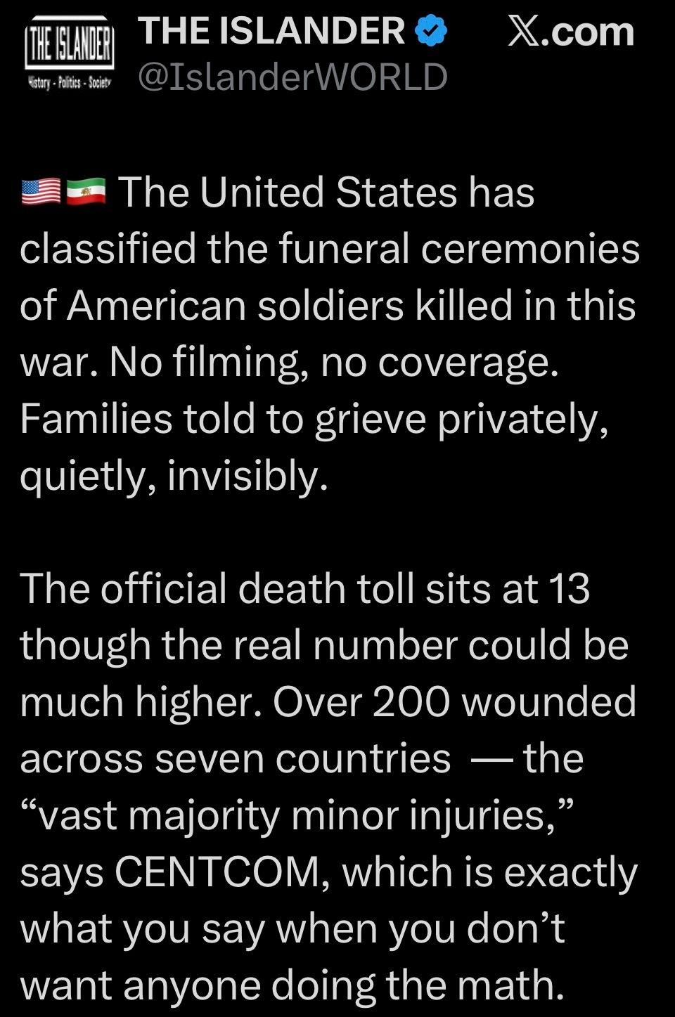 據多方報導，美國已將士兵喪禮列為機密，Dover 空軍基地禁止拍攝，家屬被告知要