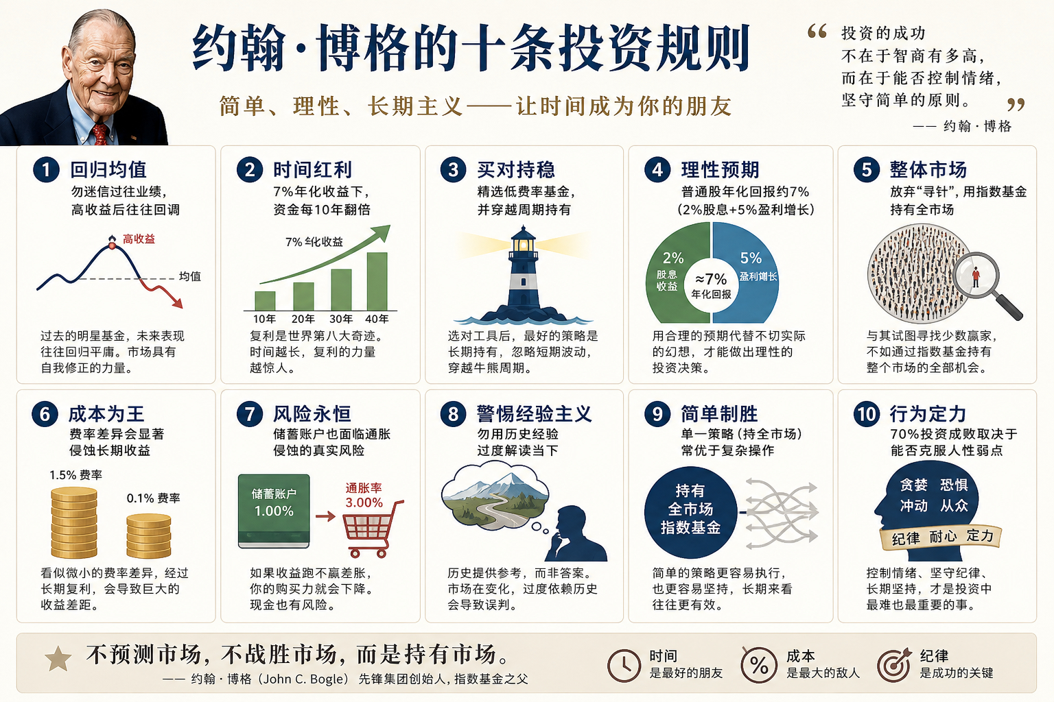 约翰·博格的十条投资规则核心如下：1. 回归均值：勿迷信过往业绩，高收益后往往回