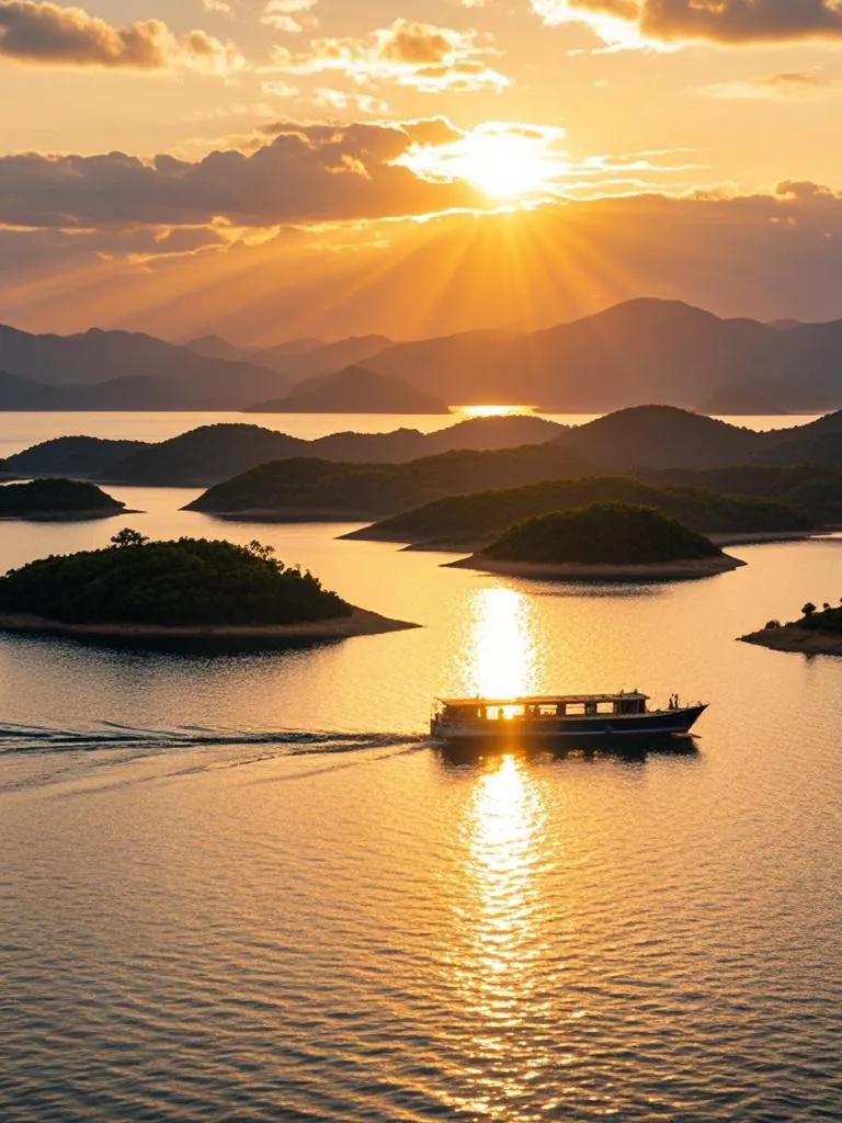 万绿湖暮，夕阳熔金。湖面耀金波，岛影镶金边，水天共舞余晖，归舟剪碎霞彩，如诗似画