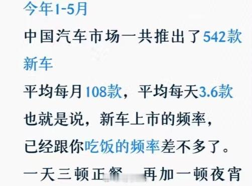 一个冷知识，今年 1-5 月，中国汽车市场共推出 542 款新车，平均每天推出 