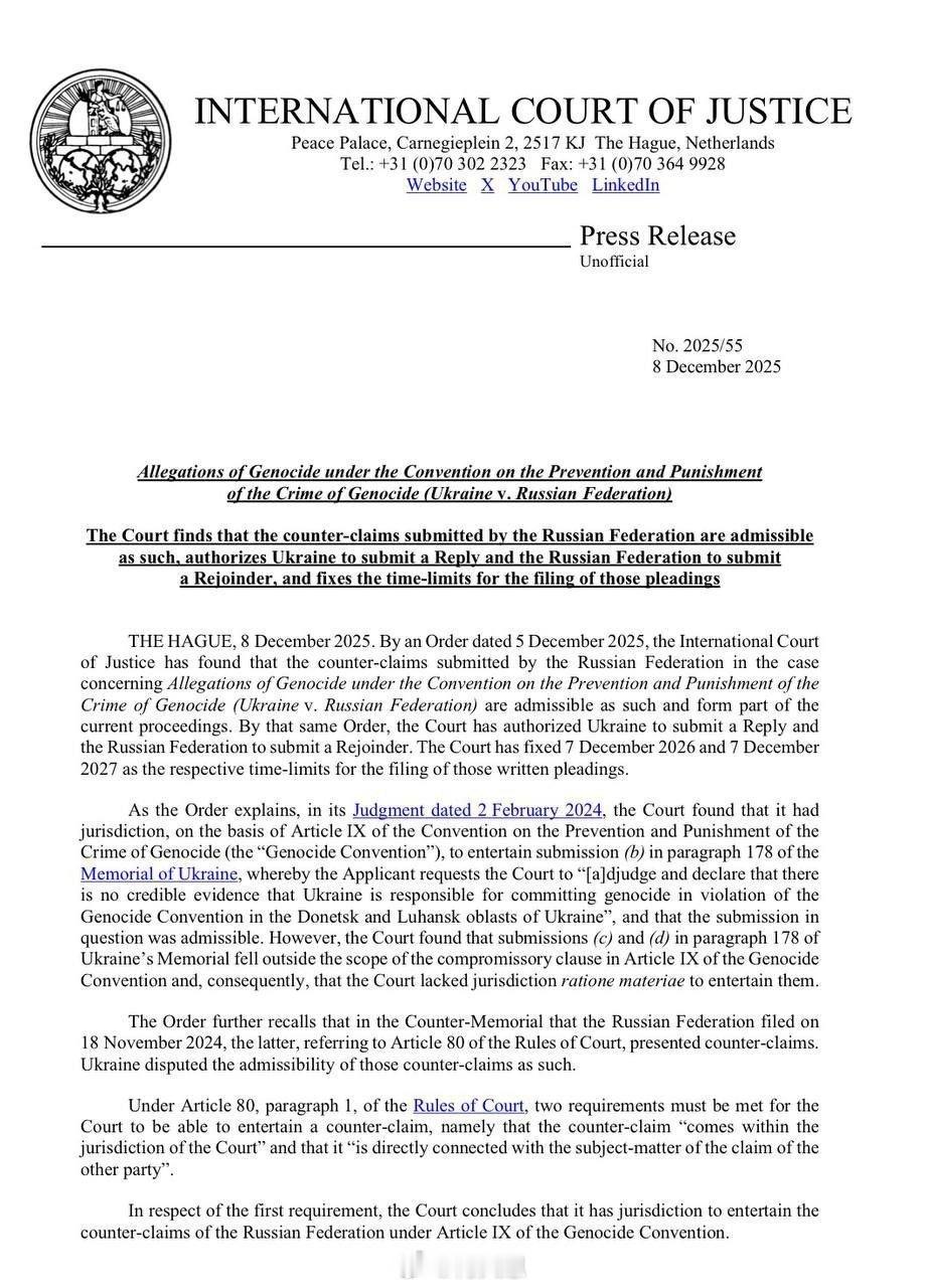 国际法院认可俄罗斯对乌克兰提出的种族灭绝指控。俄罗斯需在 2027 年 12 月