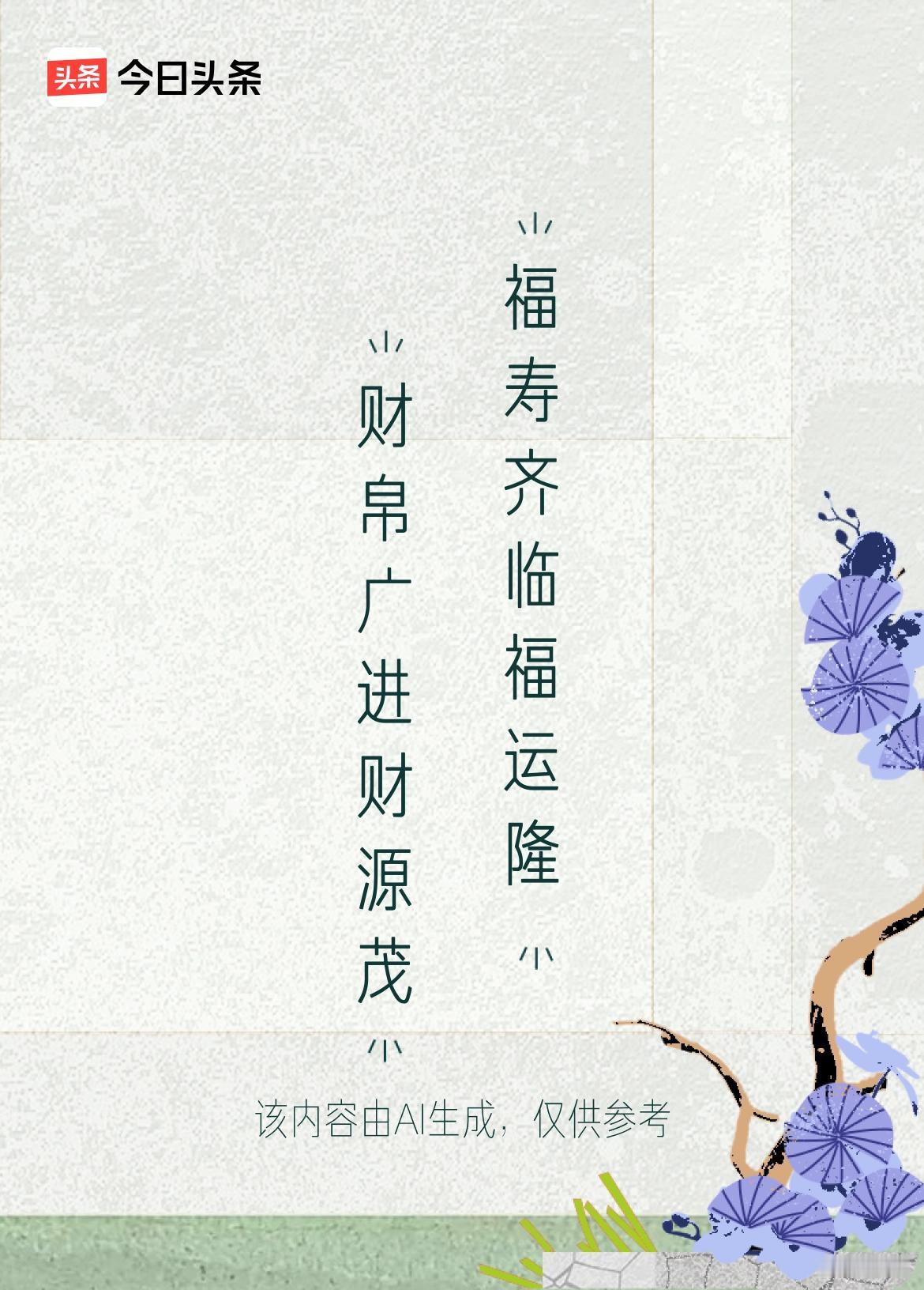 上联：财帛广进财源茂，
下联：福寿齐临福运隆。
戳这里👉和我一起作诗词歌赋，赢