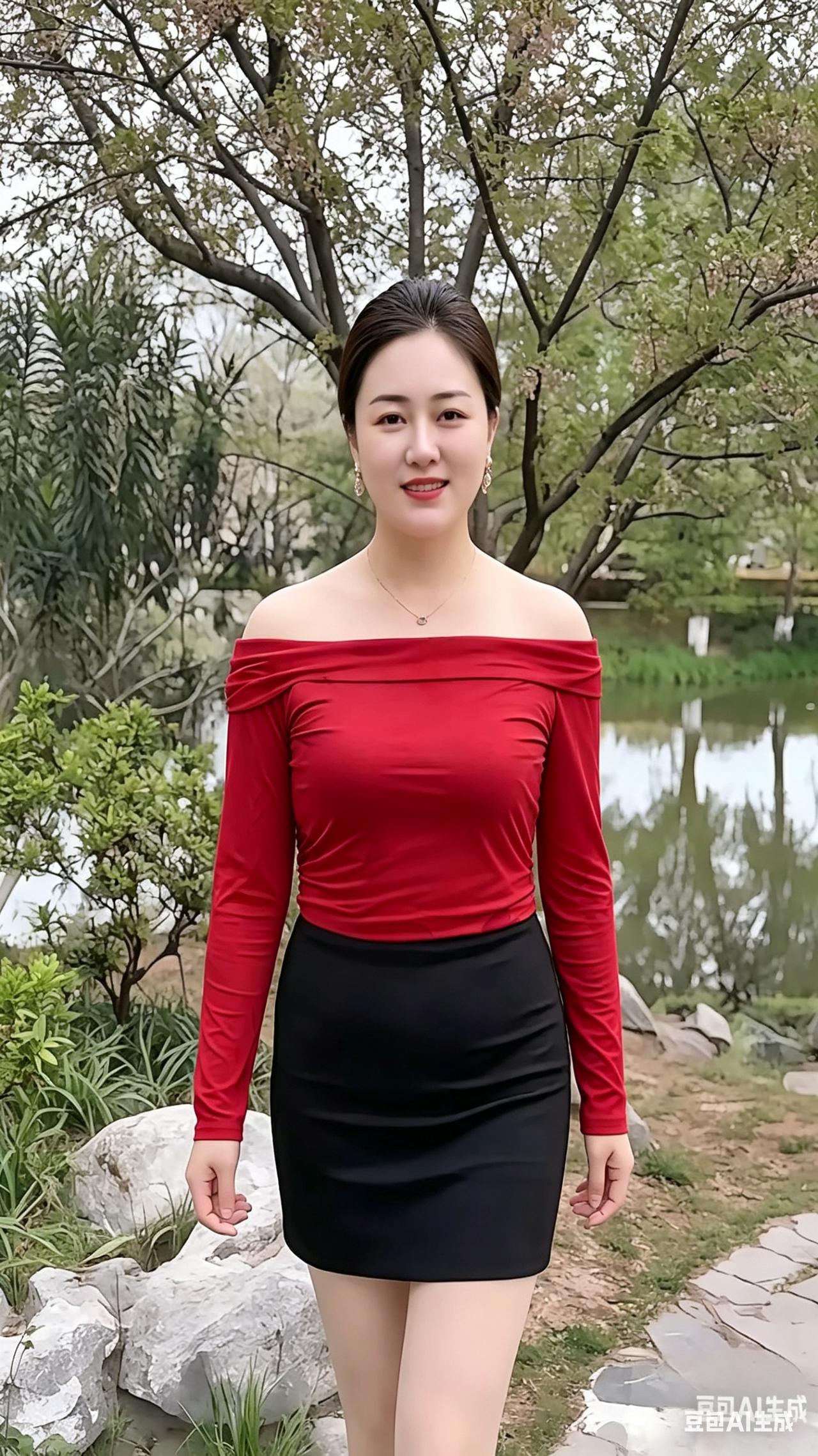 河边红妆
一河夏水泛清漪，
红衫微露玉肩肌。
珠珥流光添雅韵，
嫣然一笑惹春迷。