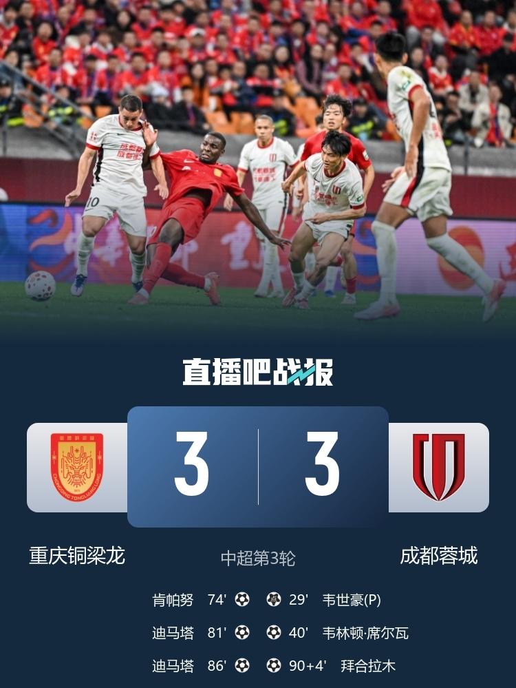 跌宕起伏！中超川渝德比：补时绝平+进球大战，重庆铜梁龙3比3成都蓉城

本赛季中