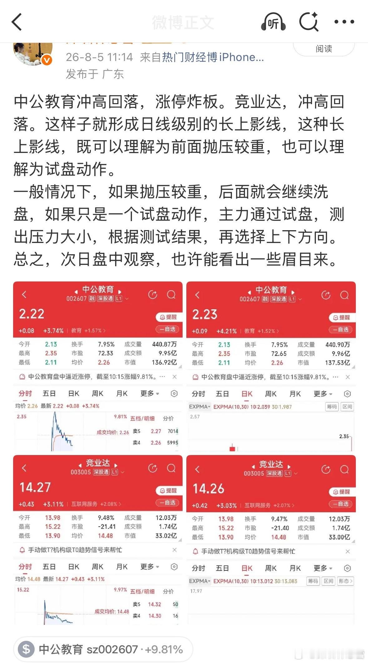 昨天有粉丝说中公教育涨停是尾盘拉升，所以今天会低开甚至一字跌停。还有人说放量太大