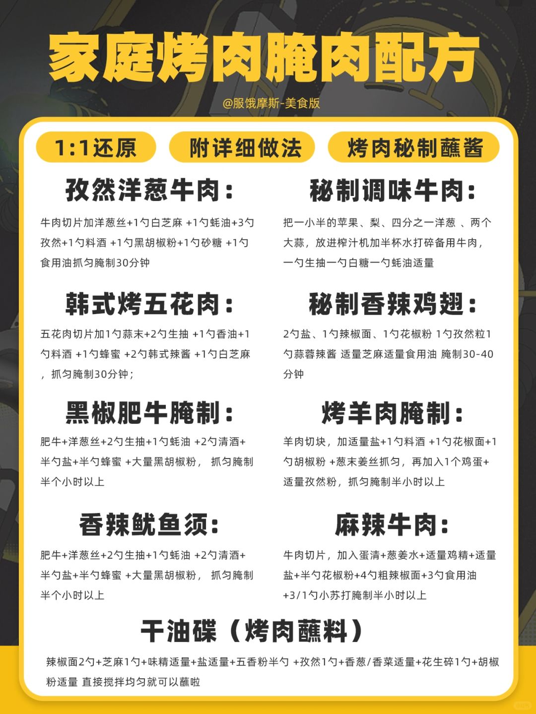 🔥家庭烤肉腌制配方，附秘制蘸酱🚨