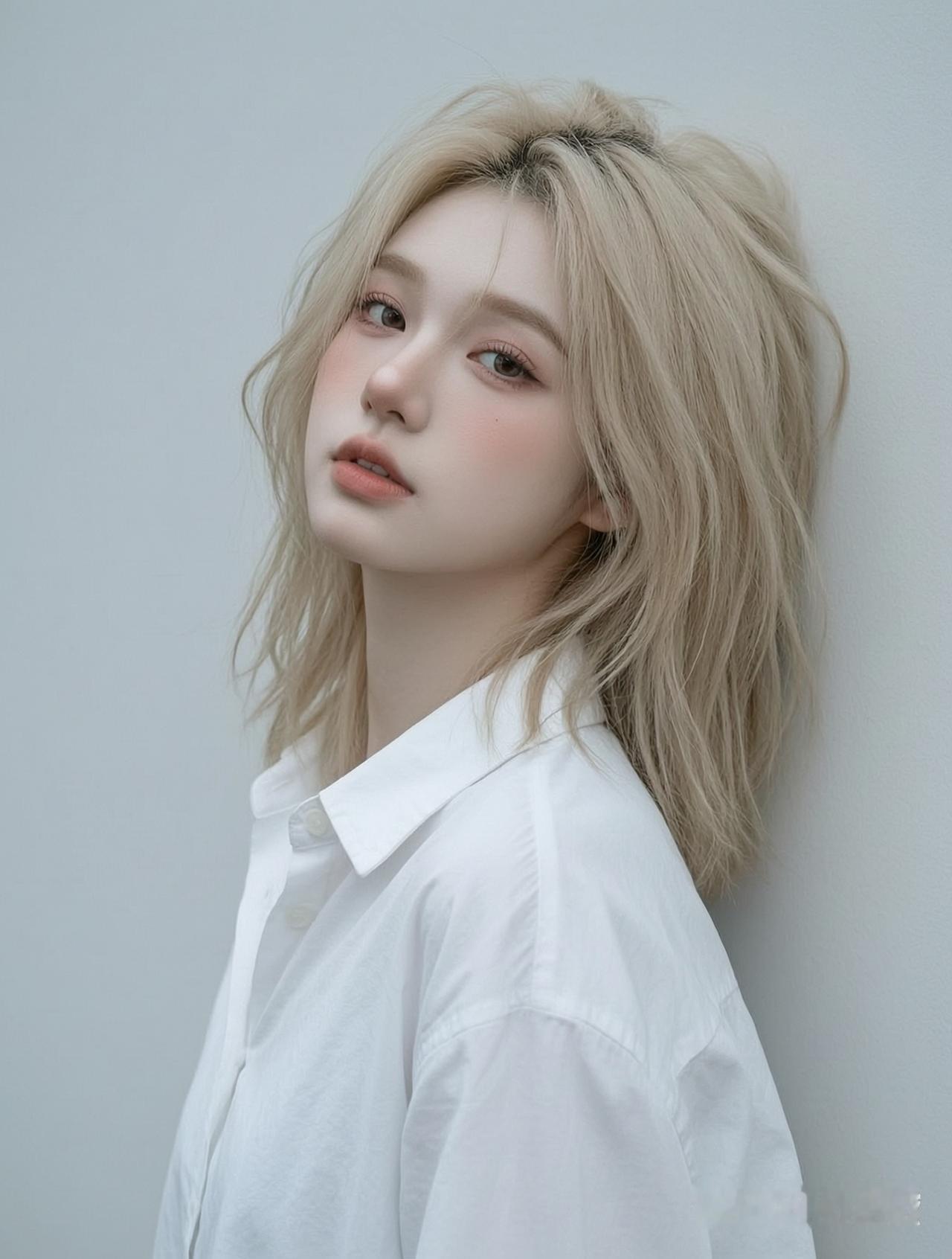 温柔少女风，浅金色卷发，白色衬衫，清新自然