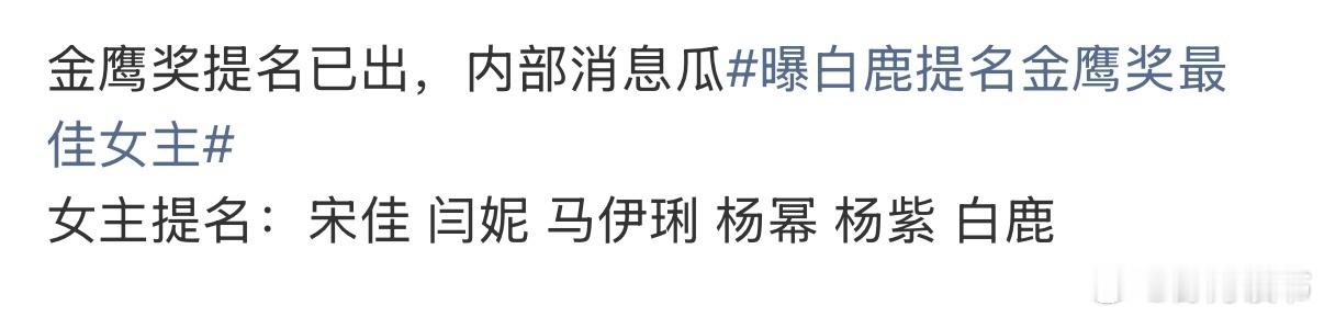 金鹰奖女主提名截至目前，官方微博均未正式公示最佳女主最终名单，所有版本仍是网传 