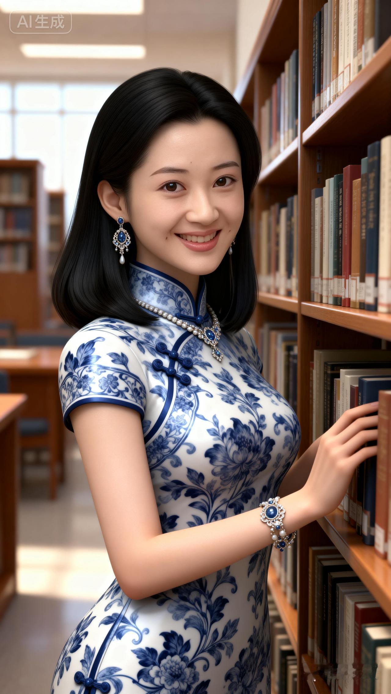 优雅蓝花旗袍，图书馆里的知性美人