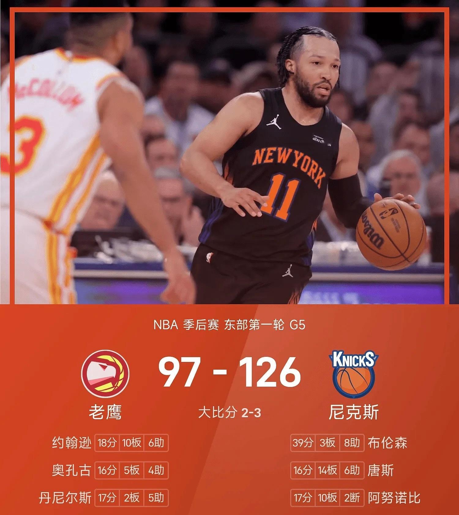 尼克斯3比2老鹰nba季后赛 NBA东部首轮天王山之战落幕，尼克斯以126-97