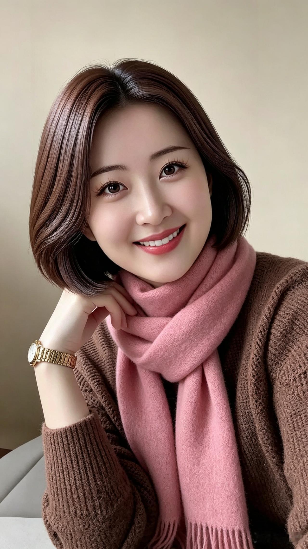 佳人风采真叫高，
金表熠熠腕上瞧。
褐衣轻裹韵味妙，
粉巾飘飘似花娇。
各位观者