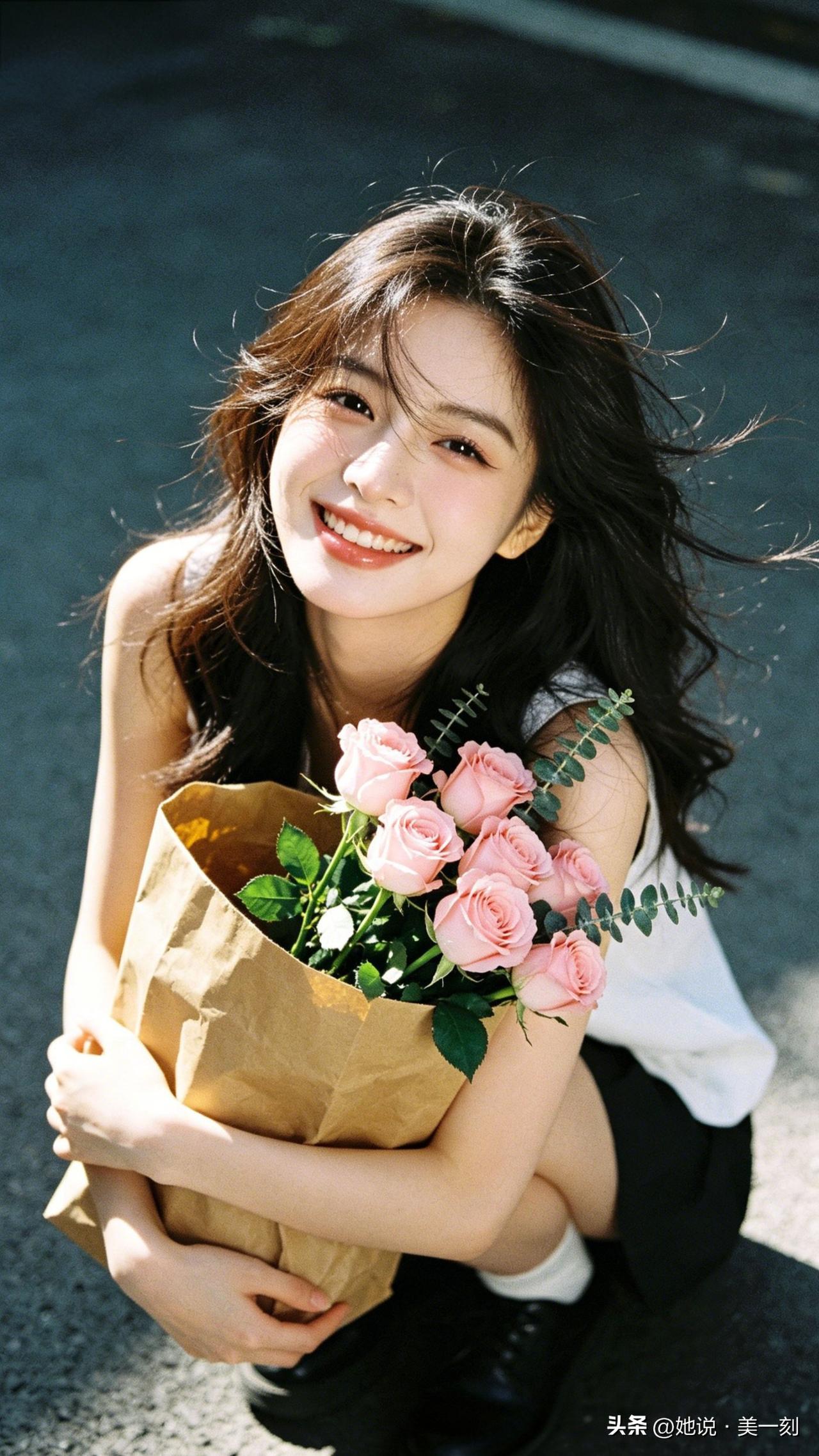 阳光下的少女与粉色玫瑰，甜美笑容，元气满满！🌸😊