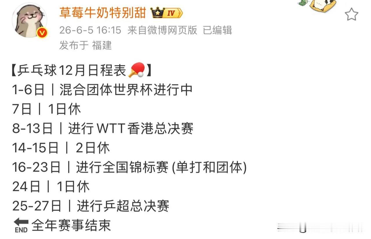 2026年全锦赛、乒超的比赛时间真是被疯狂的挤压！运动员也是过上了大小周工作制！