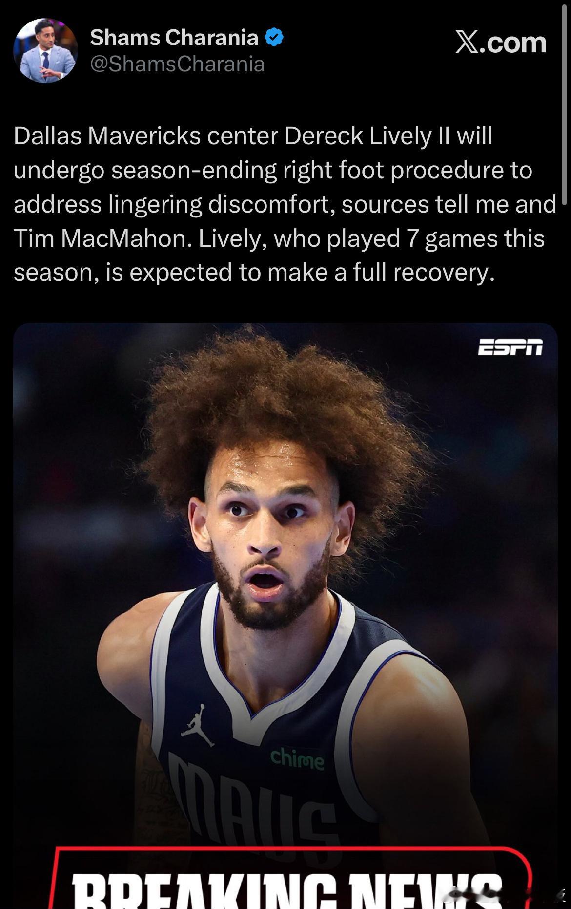 Shams：莱夫利将接受右脚手术，赛季报销！ 